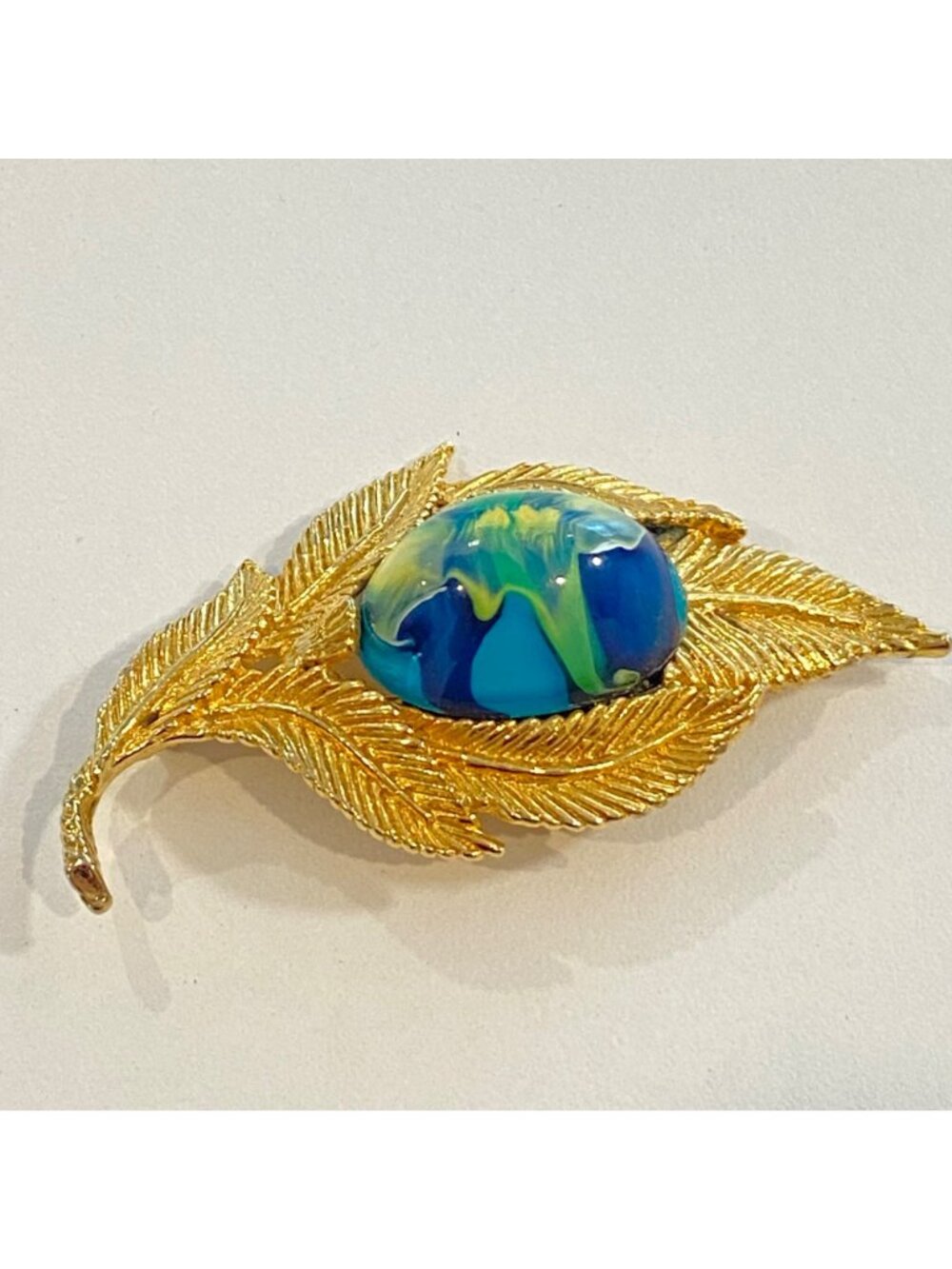 Gold-Tone Leaf Brooch With Blue & Green Swirl Cabochon 2.5 Inches Artist fermini - Picture 11 of 16